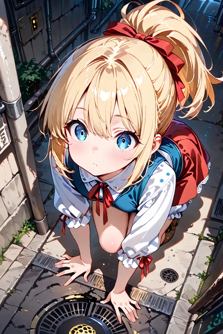 (masterpiece),1girl, on back,village, rain, clear sky, pale skin, blonde hair, short hair, blue eyes, serafuku, nsfw, vaginal, sex, hug, supright straddle, foot focus,1 man, from above