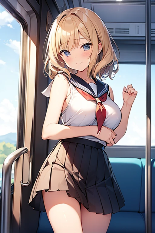 masterpiece,best quality,ultra detailed,8k,solo,female,20 years old,blond hair,very short hair,ahoge,sidelocks,big breasts,smile,teeth,blush,green eyes,serafuku,skirt,train interior,sitting,front view,panty shot,clothed,spread legs,open legs,white panties,