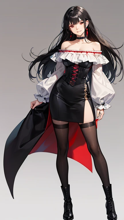 masterpiece, best quality, highres, 1girl hair ornament, black leotard frills white ascot jewelry long sleeves black sleeves bridal gauntlets black thighhighs shrug \\(clothing\\) black cape tattoo looking at viewer, standing