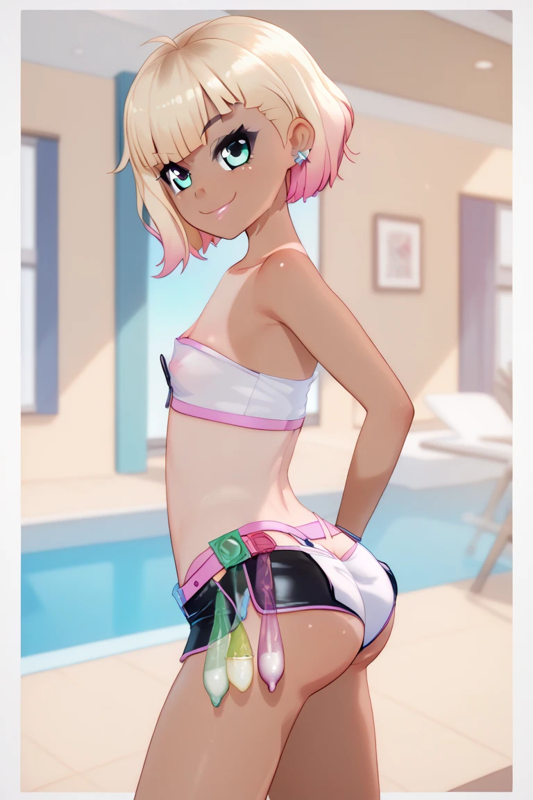 1 girl, ((young girl ,short stature,gyaru)) ,flat chest,flushed, flushing,black hair, ponytail, blonde ,,nsfw,heavyset,poolside, bikini,stand,cowboy shot,used condom,cum in body, nipples, pussy, (musouzuki)