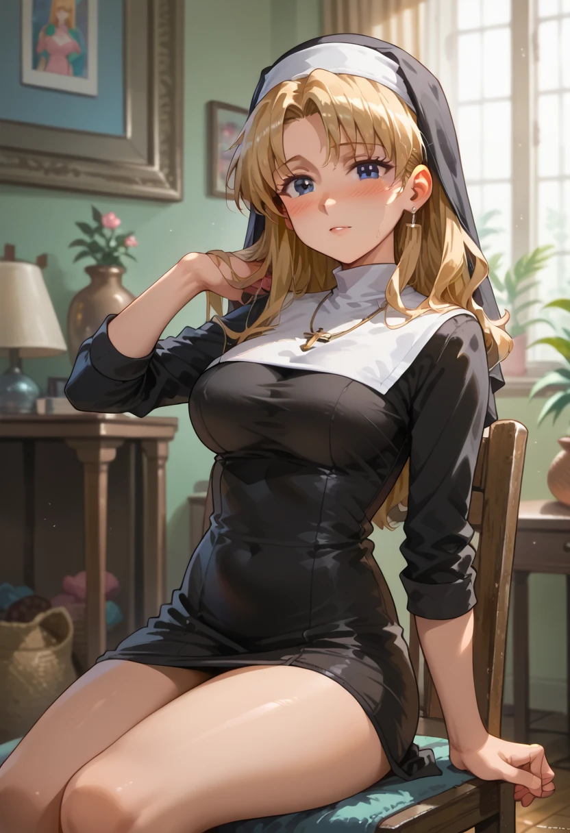 best qualtiy，Full body like，Cinema lenses，Refined face，pretty  face，Cute sexy girl，ssmile，slimfigure，mediuml breasts，tit，nipple bump，Golden Chapel，Openwork sexy nun uniform，Delicate and ornate nun robes，chies，Religious nun uniform，Beth，interior scenes，office room，Open the collar，Expose cleavage，Raised sexy，nipple bump，tit，vacuum，耳Nipple Ring，choker necklace，Stretch meat，
