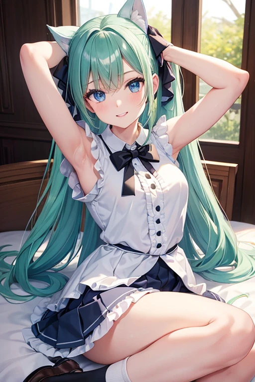 Young Hatsune Miku、girl、独奏、blush、(Huge breasts:1.4)、girl、Kindergarteners、、6 years old、、、smile、Striped panties、Long skirt、Long sleeve、colorful、Idol Costumes、Frills、Puffy short sleeves、Clothes are see-through、From below、Wet clothes、Transparent nipples、Sit with your legs apart