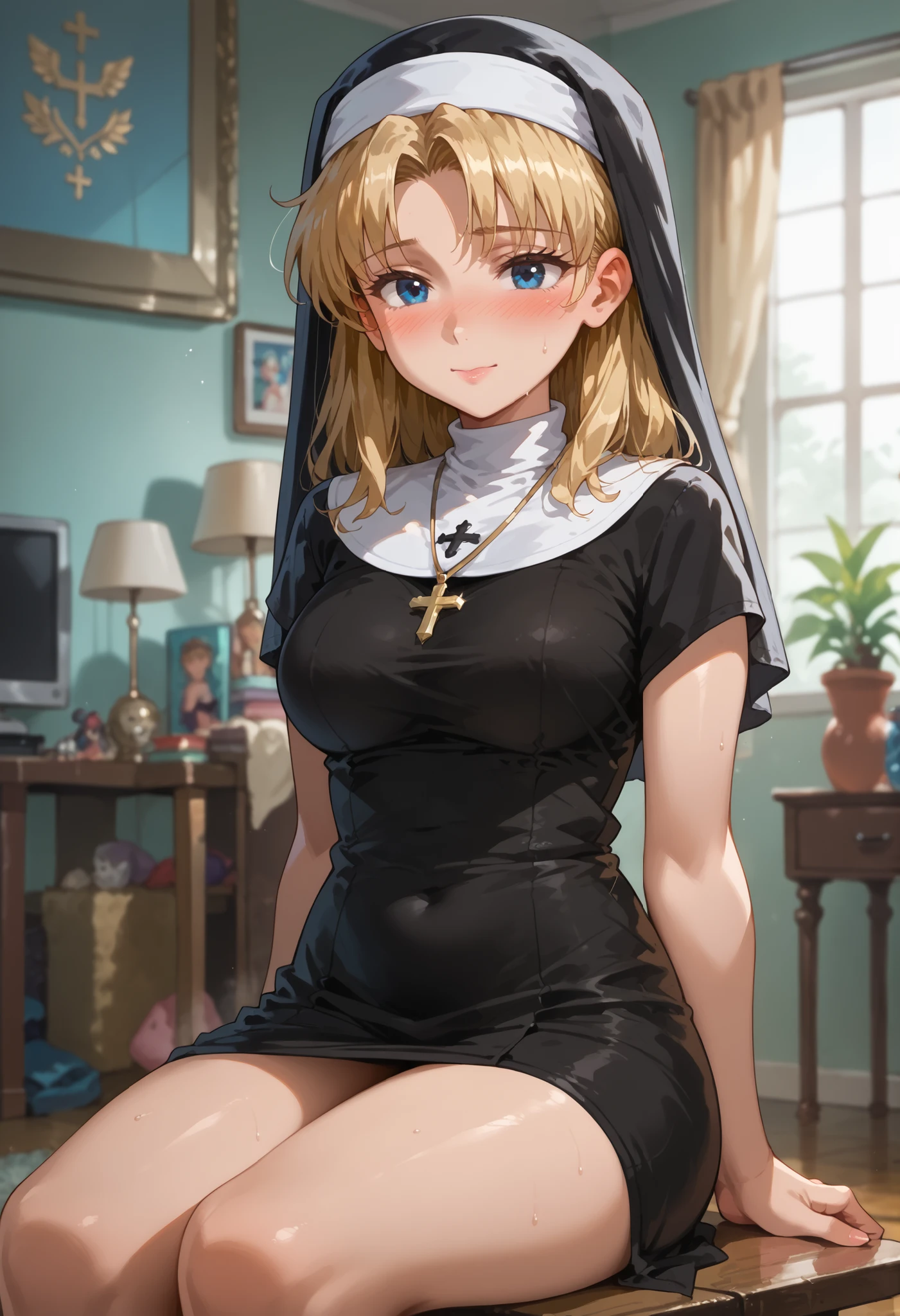 misato katsuragi, livingroom, blonde hair, blue eyes, blush, in heat, large breasts, nun, Sit on a chair,