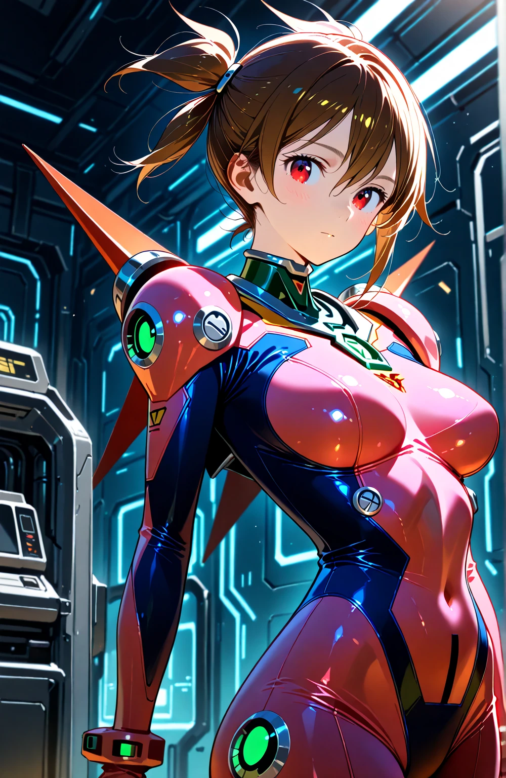 1girl, large breasts, breasts, bare legs, thick thighs, short hair, orange hair, leotard, very short hair, black leotard, neon trim, neon lights, neon, machinery, tech, science-fiction, futuristic, smile, blue eyes, wings