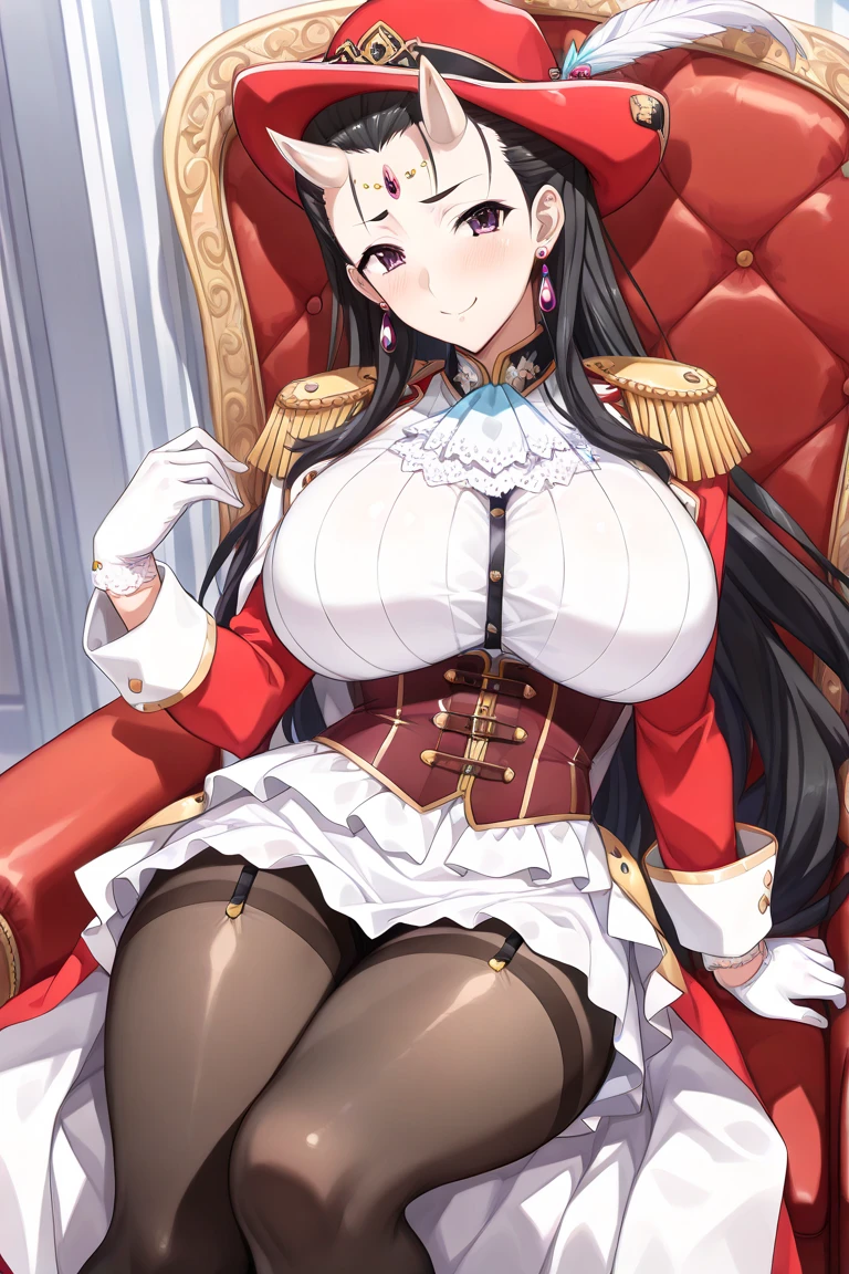 1woman,solo,25 years old,black-hair,long-wavy-hair,shiny-hair,hair-over-one-eye,side-braid,scarlet-eyes,huge_breasts,tall-stature, voluptuous,wide_hip,bunny_costume,fishnet_pantyhose,red_high_heels,red_royalty_long_cape,sitting and crossed legs on the throne,smile,looking_at_viewer,straight-on,(from_below:1.8),
