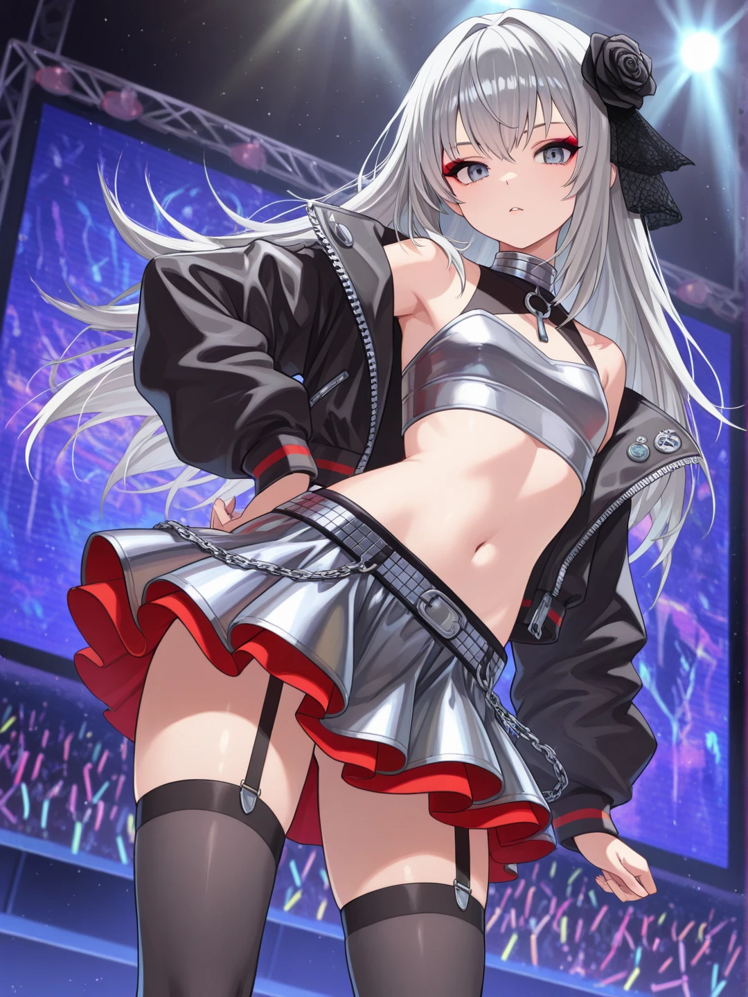 sexy dance show,sexy pose,oguri cap \(umamusume\),good anatomy, masterpiece, best quality,realistic, hyperrealistic, 16k hdr,Smile,(Live Stage),(see through costume:1.2),Stage costumes,Horse tail,sing a song,ultra miniskirt,navel,micro panties,clearvage,erected nipples,sweat,from below,large breasts,spread legs