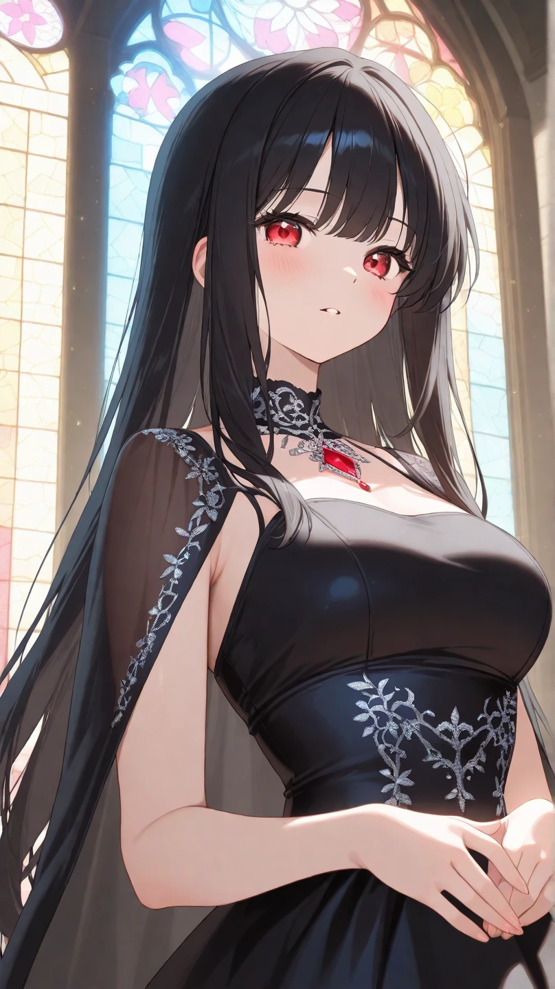 ((Black hair)),((Medium Hair)),((super straight hair)),((pale pink eyes)),(mamluk sleeve long sleeve clothing),(White lace vest),(red wide hair band),((black leather long skirt)),((Feeling of fatigue and weakness)),((Why not put your hand on your cheek and make a cute pose?)),Slight red tide,(show your tongue and smile),(Vampires),((tusk)),(Yodare),(Kamimei),((close up of face)),((NSFW)),((Her modest cleavage is cute)),