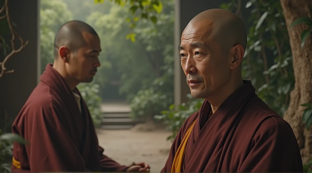  A disciple worrier inquiring about Buddha’s health, with other disciples worriers listening attentively.