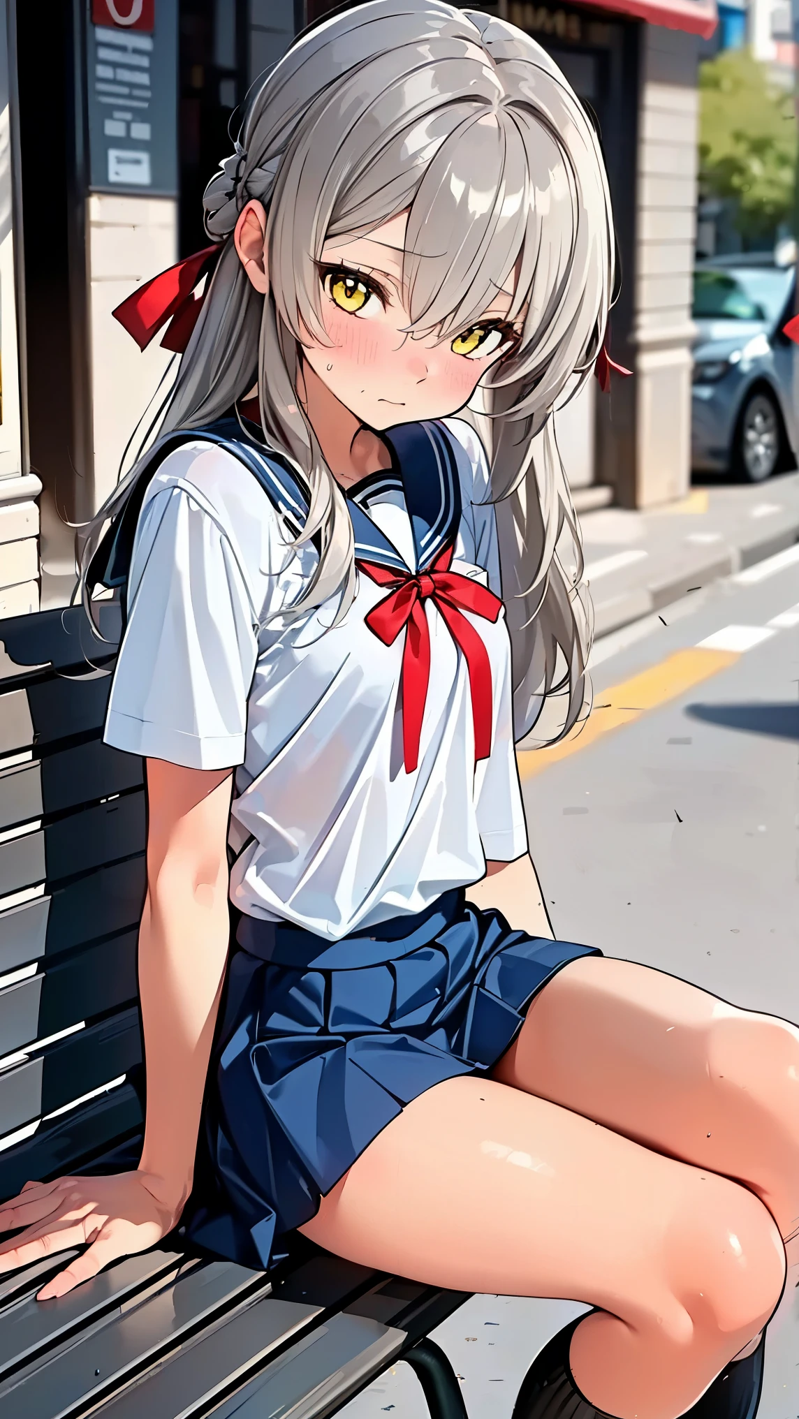 8K (high resolution) (Super Detail) (masterpiece) (best quality) detailed eyes detailed face detailed hands Delicate hair detailed wrinkles on clothes very elaborate body fine skin (solo) early yellow eyes (Grey Hair) long hair red ribbon on the side of the head ( small ) flushed cheeks embarrassed expression high school uniform miniskirt ribbon ties Street Corner sit on the bench see here