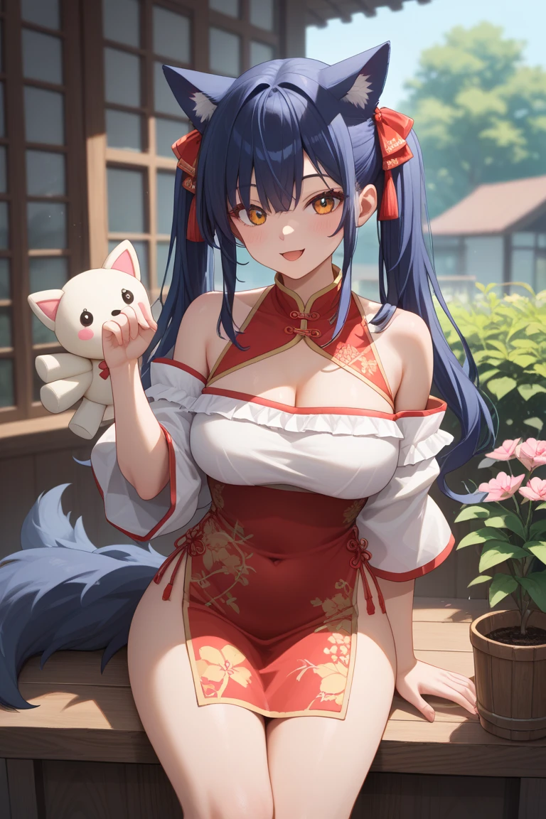 (Fox Girl, Fox Ears, Black colored hair, Fox Makeup, One Girl, Long Hair:1.6), (kimono, Kimono with open chest, A beautiful kimono with red and black patterns, I can see her cleavage, Open chest, Exposed skin:1.8), (Body size is 100-70-90!, Nice body, Big Breasts, Soft breasts, Emphasize cleavage, Knees are slightly visible, Muscular, Abdominal muscles, Grab your own chest:1.9), Avatar, face, lewd face, Dominant representation, naughty face, Uplifting, Skin Texture, outside, Grassy field
