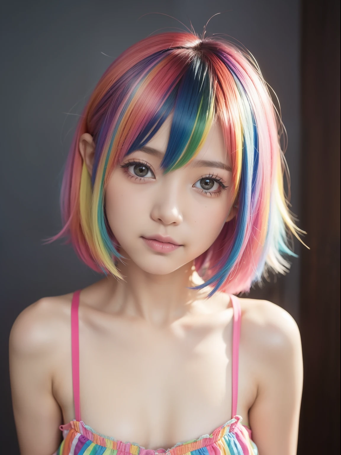 An Asian woman, super beautiful, with colorful hair, very short and provocative clothes, her face with a sexy expression, with desire, with her panties showing, a super realistic, very colorful image.