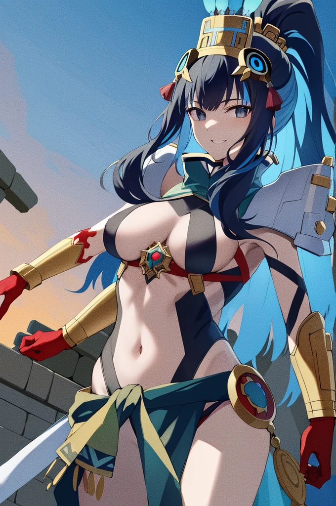 destroyed city, (100 meter tall huge goddess floating, emits light from all over the body, lost pupils, last judgment, blue flame), weapon, aerial angle from below,