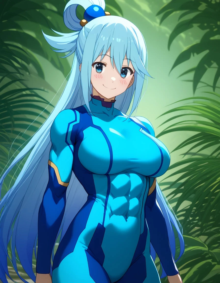 score 9 、score 8 up、score 7 up、source anime、masterpiece、best quality、high resolution、anime coloring、1girl、Konosuba aqua、、aqua \(konosuba\)、solo、Blue Hair、long hair、very long hair、blue eyes、hair ornament、single hair ring、hair bobbles、Big Breasts、covered deltoids、covered anterior deltoids、covered middle deltoids、covered posterior deltoids、covered biceps、covered biceps long head、covered biceps short head、covered triceps、covered triceps medial head、covered triceps long head、covered triceps lateral head、covered brachioradialis、very large breasts、toned body、Strong muscles、chunky muscle 、(muscular female:1.amus aran cosplay、samus aran \(cosplay\)、blue bodysuit、bodysuit、covered navel、covered midriff、covered stomach、covered collarbone、covered thighs、covered semitendinosus muscles、covered hamstrings、covered adductor magnus muscles、skin tight、zero suit、Outdoors、jungle、blush、smile、looking at viewer、woman's focus、cowboy shot、dutch angle shot、