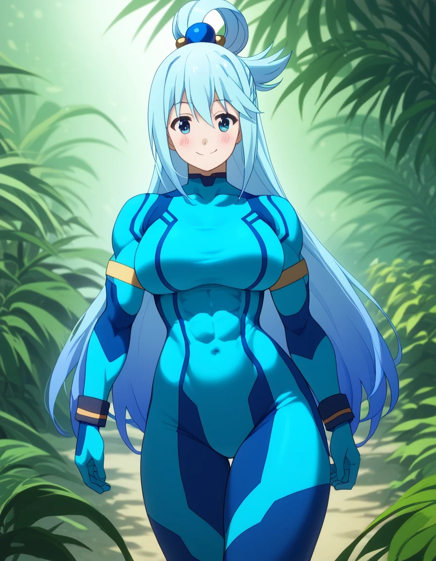 score 9 、score 8 up、score 7 up、source anime、masterpiece、best quality、high resolution、anime coloring、1girl、Konosuba aqua、、aqua \(konosuba\)、solo、Blue Hair、long hair、very long hair、blue eyes、hair ornament、single hair ring、hair bobbles、Big Breasts、covered deltoids、covered anterior deltoids、covered middle deltoids、covered posterior deltoids、covered biceps、covered biceps long head、covered biceps short head、covered triceps、covered triceps medial head、covered triceps long head、covered triceps lateral head、covered brachioradialis、very large breasts、toned body、Strong muscles、chunky muscle 、(muscular female:1.amus aran cosplay、samus aran \(cosplay\)、blue bodysuit、bodysuit、covered navel、covered midriff、covered stomach、covered collarbone、covered thighs、covered semitendinosus muscles、covered hamstrings、covered adductor magnus muscles、skin tight、zero suit、Outdoors、jungle、blush、smile、looking at viewer、woman's focus、cowboy shot、dutch angle shot、