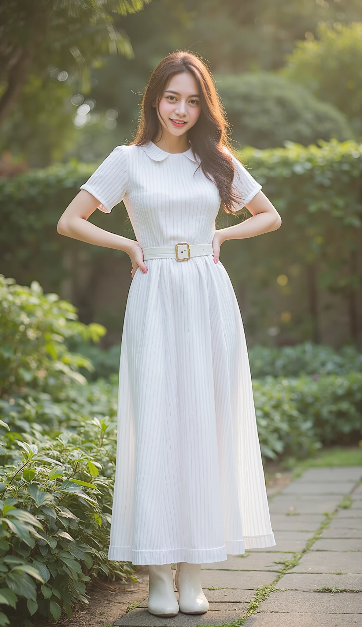 (8k、RAW Photos、Highest quality、masterpiece:1.2)、(Realistic、Realistic)、1 Girl、wide smile ((white Floor-length gown Dress with line pattern、Skin visible、wavy long brown Hair、boots、garden、View from the front、Looking at the camera、belt、Hands on your hips))、cute, dark light