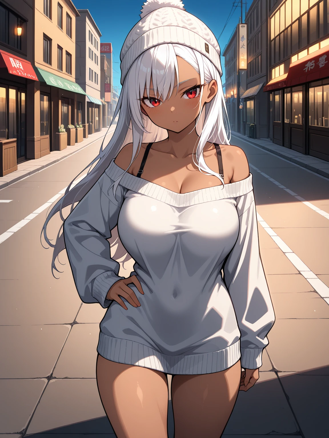 A woman with a white shirt, denim shorts, long white hair, big breasts, red eyes, at night, at a rock concert, high definition, 4k, perfect art
