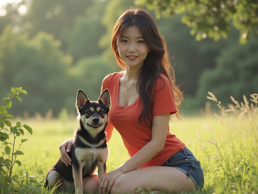 Cute face like an idol　Smiling Kindly　Bikini　Full body portrait　Slightly large bust　Night Park　Cherry blossom viewing under the illuminated cherry blossoms at night　She is sitting on a picnic seat、Holding a cute pet miniature dachshund　RAW Photos　Genuine　Like in the movies　Artistic photography