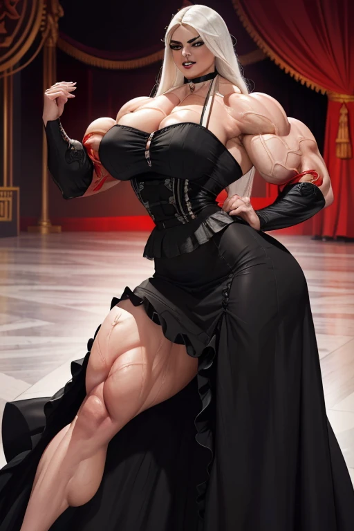 ((Close-up)), tall, (shocking pink hair) beautiful muscular woman, angled bob cut, light brown skinned, closed smile, (black lipstick), (massive muscles), (hyper muscle), (ginormous bulky muscles), red eyes, ((red flamenco-inspired dress, long skirt)), (red and vibrant environment:1.3), choker, high heels, (holding a rose), in a red room filled with roses,
