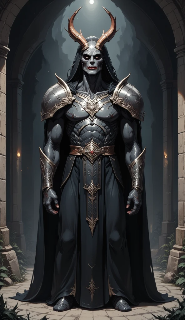 Create a tall, muscular man with a gray porcelain mask , and a black leather armor that covers his entire body with a black crown and 3 red diamonds, and he has chains in his hand as a weapon with a black aura