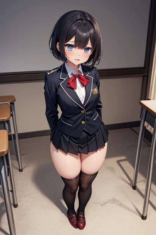 NSFW:1.4, 8k, highest quality, masterpiece, lively, real person, Wallpaper by Unity 8k, school classroom、sit at desk、sit with legs apart、(1 girl) , beautiful eyes, (delicate face) , perfect details, (best lighting) , (超Complexdetailed),、(taken from below:1.5)、Peeking out from under the skirt、cowboy shot、{Low - Angle:1.4}、show pussy、laughter、smiling girl、high , {navy blue blazer:1.2}、{white shirt}、{yellow ribbon}、{gray pleated skirt}、((super big breasts:1.2))、wears a proper uniform、(1 girl),(beautiful eyes、drawn in detail、face every detail、Masterpiece Side Light、masterpiece、highest quality、detailed、High resolution illustrations),delicate makeup, (Close-up:1.2)、throw、soft focus ground bokeh、turn to me and smile,black eye,Half-up hair with short bangs((blondes)))、curly hair,short hair, ((high twintaols:1.3), (short twin tails:1.3), Very detailed, Complex, table top, small ass、thin thighs、Very large breasts、Exposing the breasts、Bare your breasts、blush、Embarrassing、Black Hair、Love juice