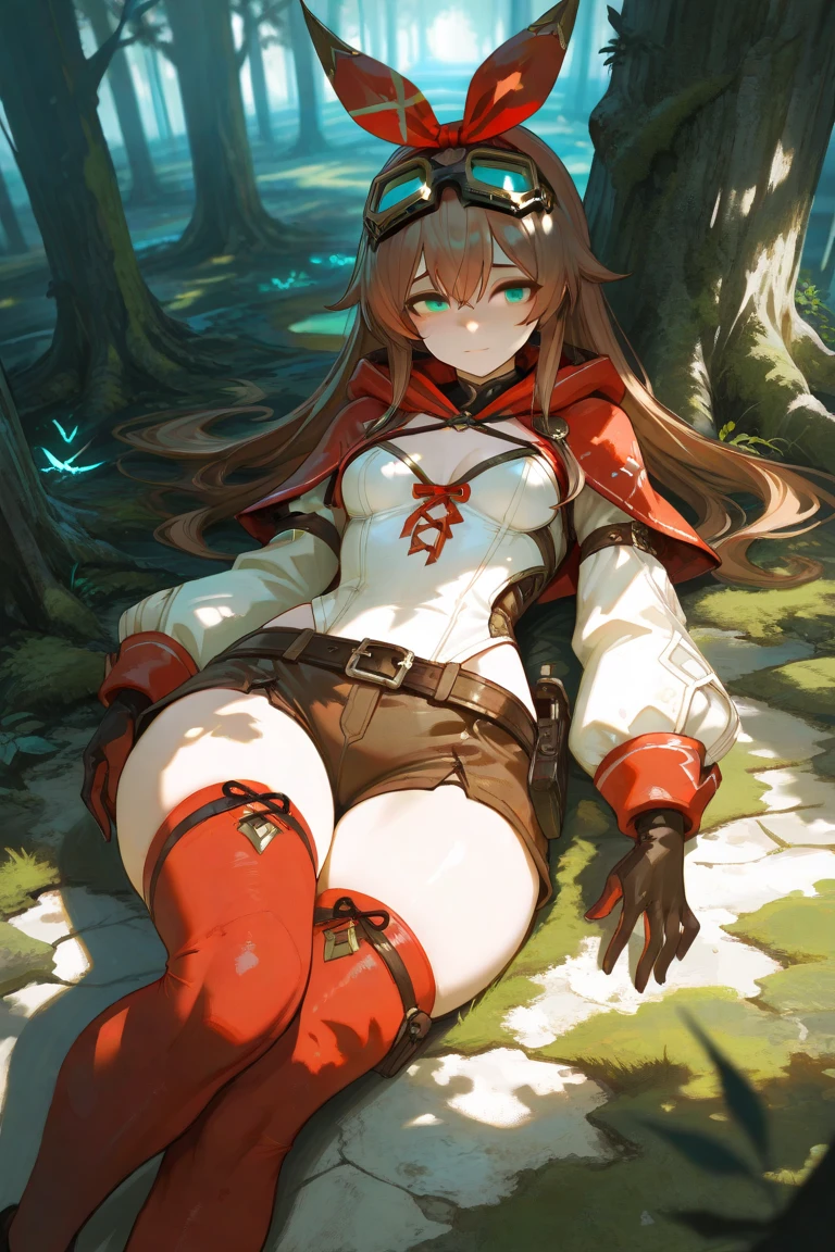 {an extremely delicate and beautiful girl}, 8k wallpaper, {{{masterpiece}}},{{illustration}}, dynamic angle,pov,detailed face,(nsfw:1)
(character:<lora:ArknightsMyrtle_10:0.9>,1girl,myrtle,ahoge,elf ear,sweat,neck ring,{{wet short coat}},sleeve,{{transparent sports short}},(medium breast:0.8),collar bone,armpit,attractive midriff,navel,{thigh gap},(plump thigh:0.8)ribbion rope at thigh,thigh ring,)
(gesture:lie down)
(expression:look at viewer,naughty smile)
(background:grassland,ponds)
