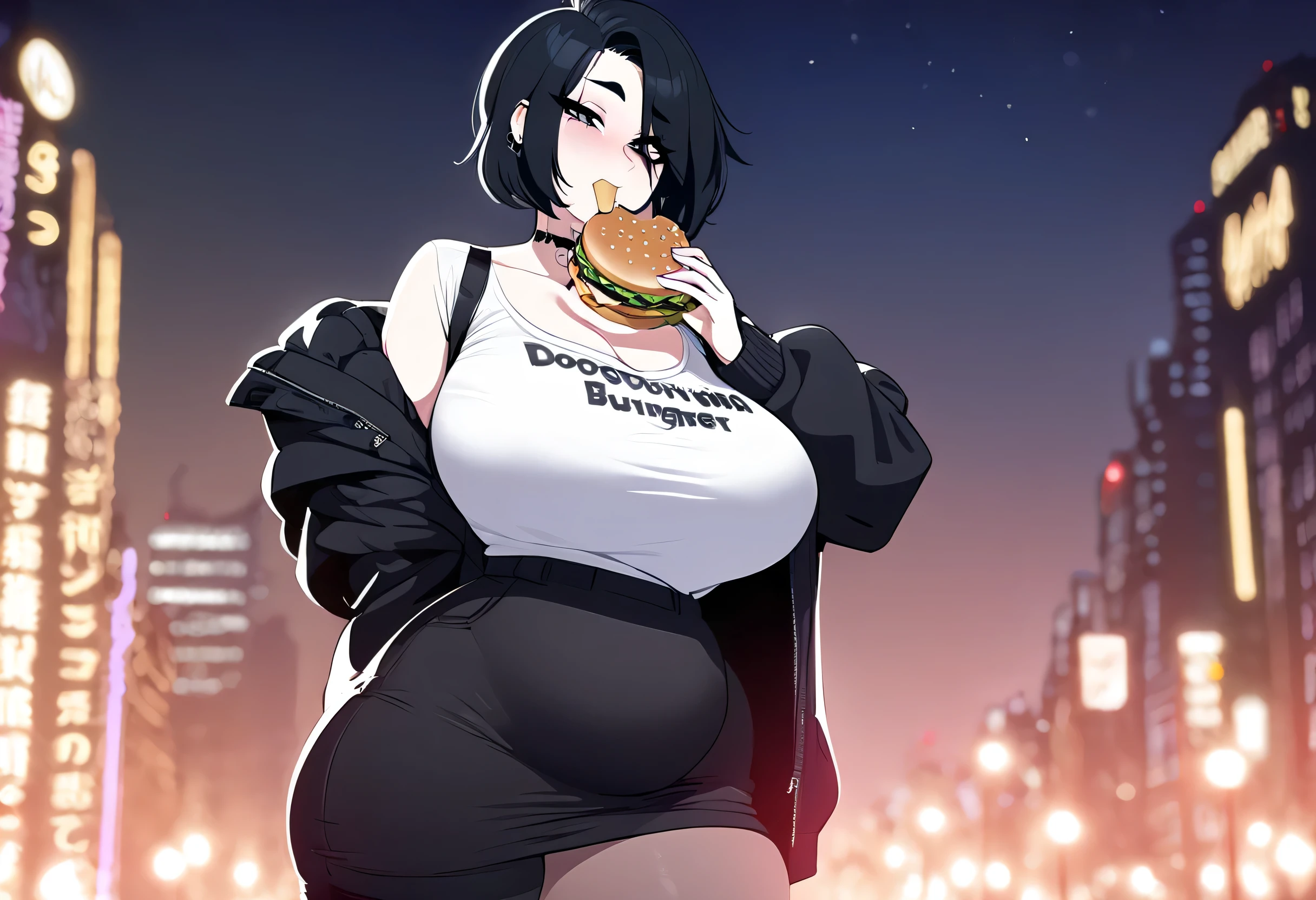Fat girl With white short  hair and his eyes are covered by a black band with a big belly and breasts, she is very big and fat, sitting while eating junk food. She is surrounded by hamburgers, French fries, and soft drinks, with a satisfied expression on his face. With a big belly and a round face with a double chin.