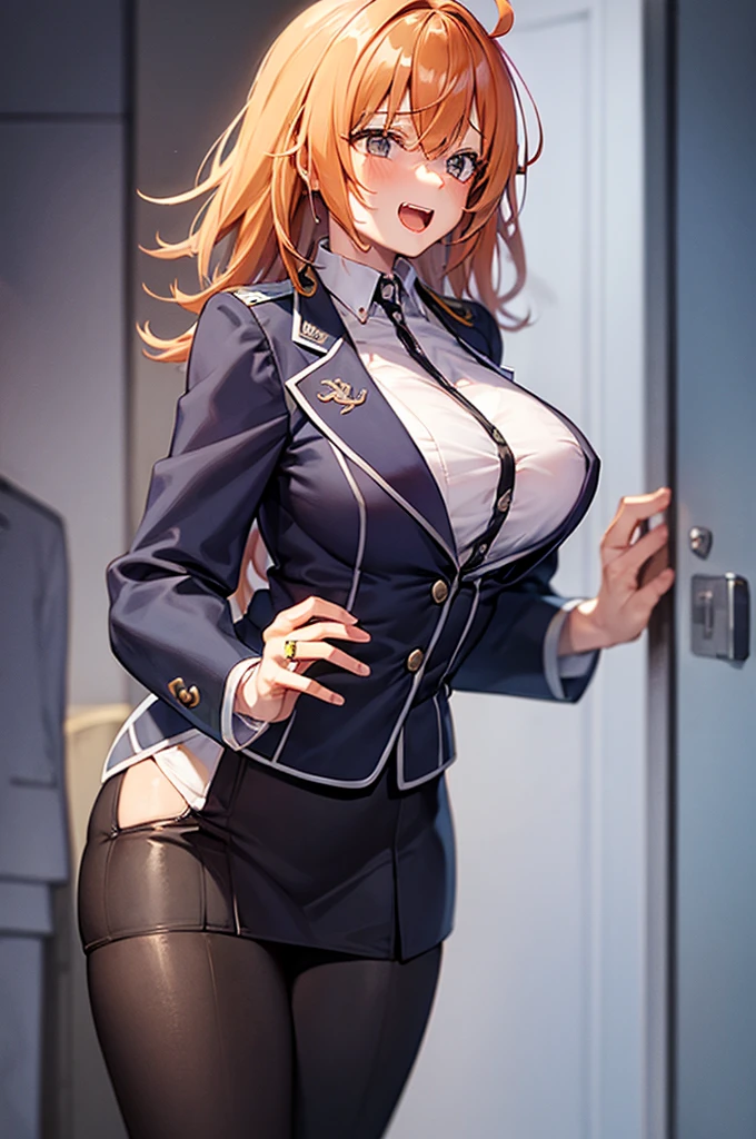 (((Spread your legs、Big Breasts、Exposing the breasts)))、((Shiny underwear)))、Uniform Blazer、Beautiful beauty、Long Orange Hair、((whole body))、(((Photo taken from below)))、School、classroom、Large Breasts、Big Breastini skirt、Panties are black、Japanese、tall、Long limbs、18-year-old、Orihime Inoue、A beautiful nose like a model、Put your hands on your hips、Natural smile、Sexy pose