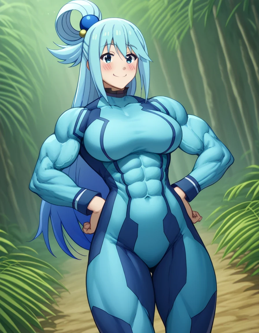 score 9 、score 8 up、score 7 up、source anime、masterpiece、best quality、high resolution、anime coloring、1girl、Konosuba aqua、、aqua \(konosuba\)、solo、Blue Hair、long hair、very long hair、blue eyes、hair ornament、single hair ring、hair bobbles、Big Breasts、covered deltoids、covered anterior deltoids、covered middle deltoids、covered posterior deltoids、covered biceps、covered biceps long head、covered biceps short head、covered triceps、covered triceps medial head、covered triceps long head、covered triceps lateral head、covered brachioradialis、very large breasts、toned body、Strong muscles、chunky muscle 、(muscular female:1.amus aran cosplay、samus aran \(cosplay\)、blue bodysuit、bodysuit、covered navel、covered midriff、covered stomach、covered collarbone、covered thighs、covered semitendinosus muscles、covered hamstrings、covered adductor magnus muscles、skin tight、zero suit、Outdoors、jungle、blush、smile、looking at viewer、woman's focus、cowboy shot、dutch angle shot、