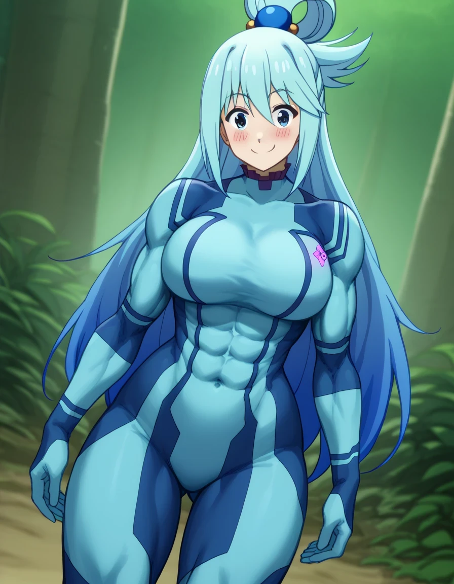 score 9 、score 8 up、score 7 up、source anime、masterpiece、best quality、high resolution、anime coloring、1girl、Konosuba aqua、、aqua \(konosuba\)、solo、Blue Hair、long hair、very long hair、blue eyes、hair ornament、single hair ring、hair bobbles、Big Breasts、covered deltoids、covered anterior deltoids、covered middle deltoids、covered posterior deltoids、covered biceps、covered biceps long head、covered biceps short head、covered triceps、covered triceps medial head、covered triceps long head、covered triceps lateral head、covered brachioradialis、very large breasts、toned body、Strong muscles、chunky muscle 、(muscular female:1.amus aran cosplay、samus aran \(cosplay\)、blue bodysuit、bodysuit、covered navel、covered midriff、covered stomach、covered collarbone、covered thighs、covered semitendinosus muscles、covered hamstrings、covered adductor magnus muscles、skin tight、zero suit、Outdoors、jungle、blush、smile、looking at viewer、woman's focus、cowboy shot、dutch angle shot、
