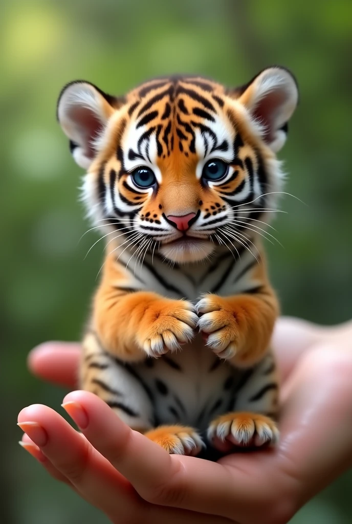 Photorealistic, 64k, A micro baby siberian tiger perched on a human perfect finger