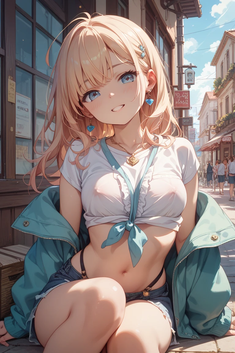 masterpiece, highest quality, High resolution, kitagawa marin sb, 1 girl, blonde hair, long hair, colorful hair, red eyes, jewelry, earrings, earrings, , white shirt, tide shirt, Black choker, Blue tie, plaid skirt, (full body), (squatting down:1.3), lace black panties,(show panties:1.3), (panty shot:1.3), ((Front-opening shirt)), (I can see your bra:1.3), cleavage, (The wind is blowing up my skirt:1.3), outdoor, shopping