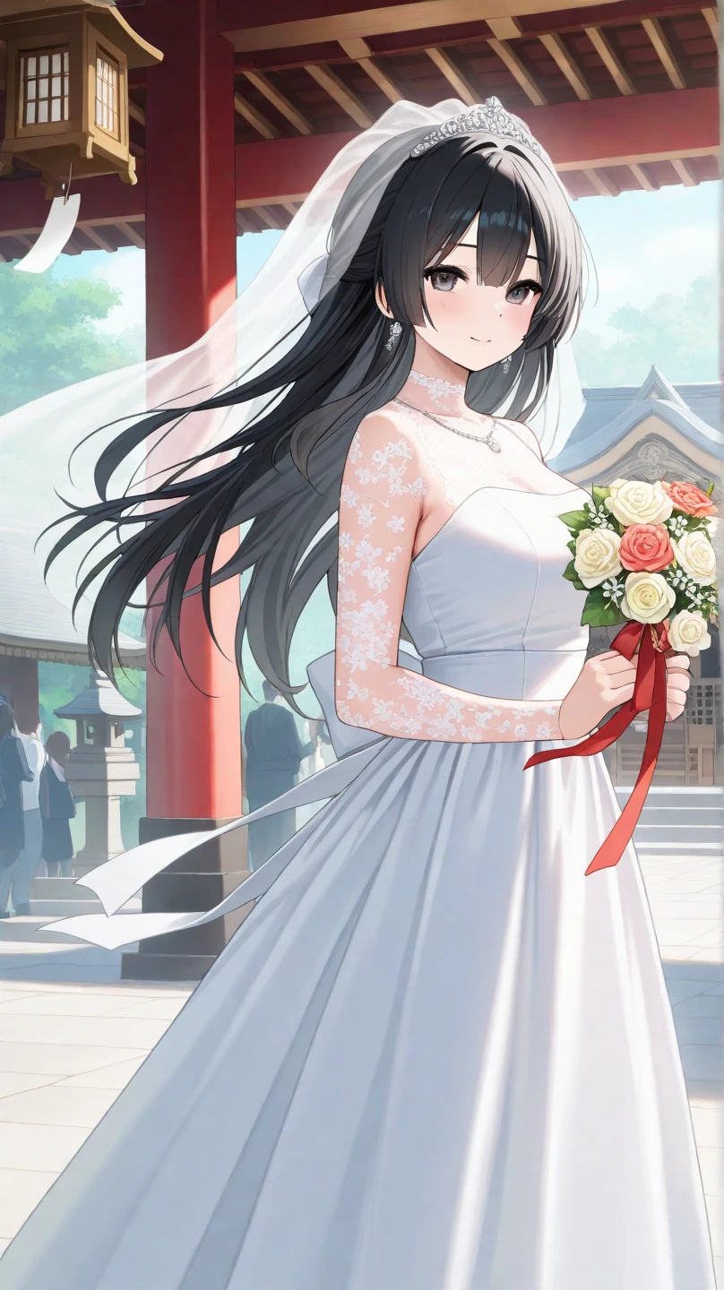 wedding dress, holding a bouquet in hand, in the chapel, tie up hair, open chest, Wedding dress r-18, 1girl, (beautiful japanese girl), (smile girl), (beautiful shiny black straight hair), (semi long hair)(((cut the side hair vertically just only below the ears))), (thin eyebrows), ((the bridge of the nose is straight)), ((nice looking body))