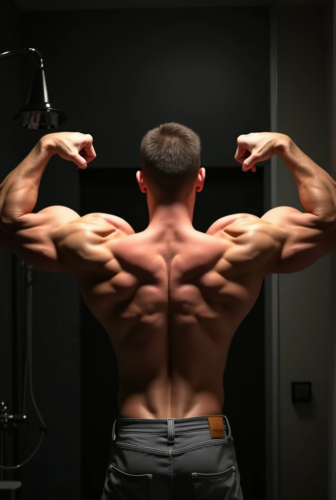 A muscular 40-year-old man is naked, his huge penis erect, raising his arms and showing his armpits in a pose.、Thrusting his hips and spreading his legs。