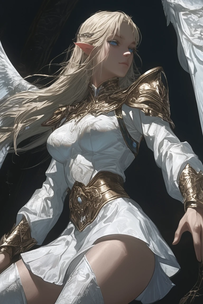 angel yan , 1girl ,solo, armor, looking at viewer, masterpiece, best quality, digital illustration, feathers, wind, strong light volume light,Focus, blur, Glowing armor,silver armor, In the Roman temple, wind, supermodel,fierce,aggressive,sharp expressions,frown,blonde hair, 
extremely detailed,(8k, best quality, masterpiece:1.2)