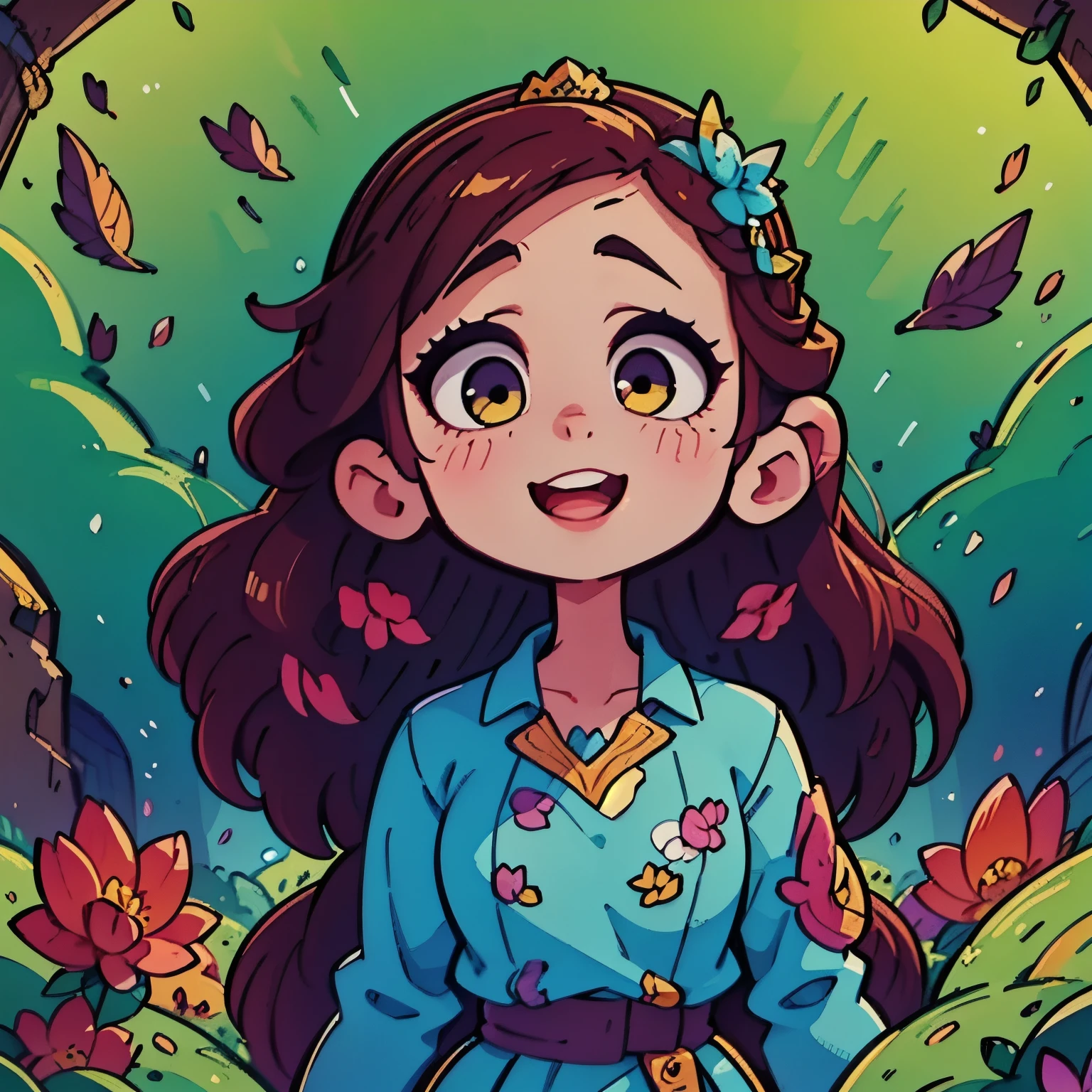 a vibrant, whimsical digital drawing of a young woman with long hair, detailed facial features, playful expression, flowing hair, intricate hairstyle, colorful floral crown, delicate skin, elegant posture, ethereal atmosphere, fantasy landscape background, magical environment, glowing lights, shimmering particles, vibrant colors, digital art, 8K, highly detailed, masterpiece, photorealistic