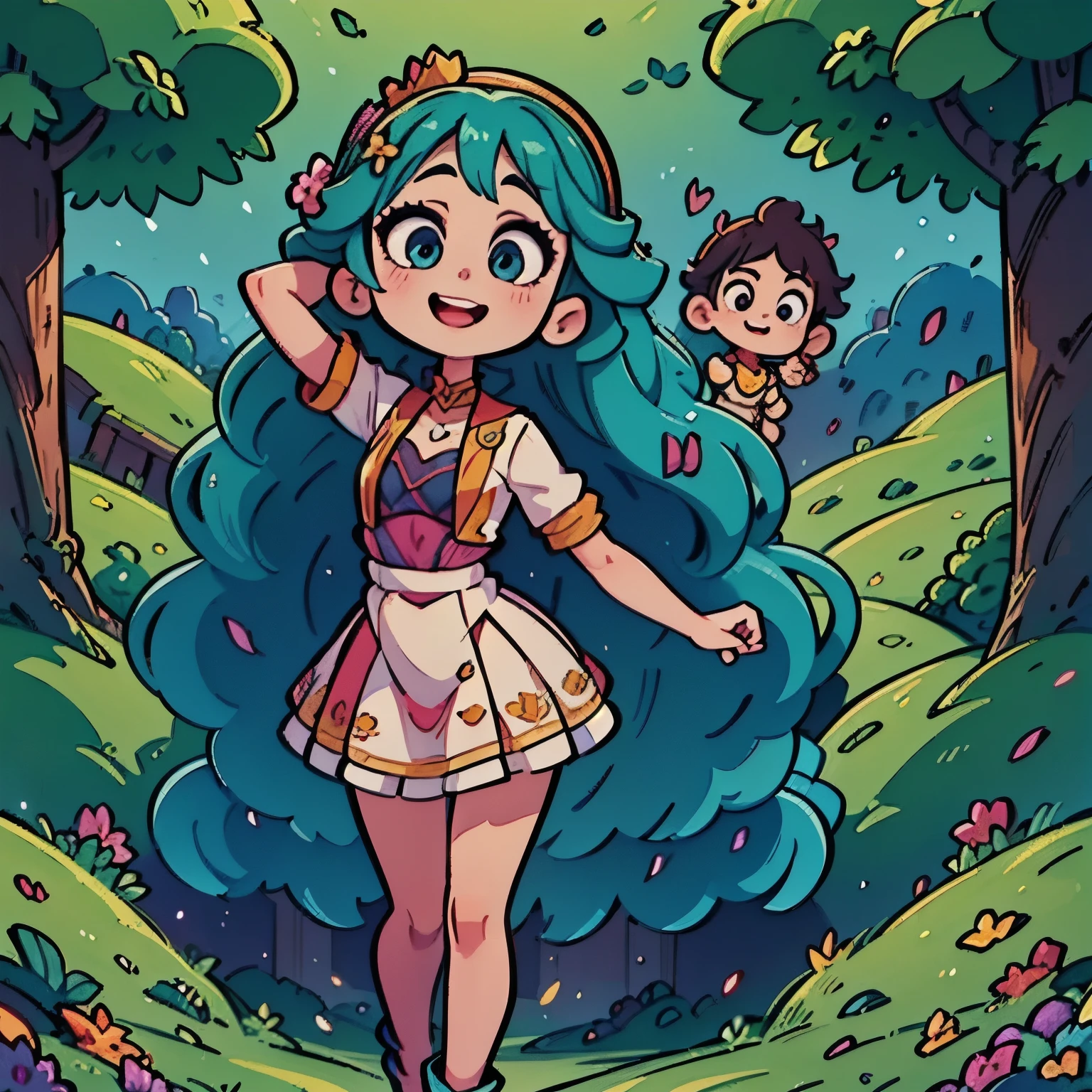 a vibrant, whimsical digital drawing of a young woman with long hair, detailed facial features, playful expression, flowing hair, intricate hairstyle, colorful floral crown, delicate skin, elegant posture, ethereal atmosphere, fantasy landscape background, magical environment, glowing lights, shimmering particles, vibrant colors, digital art, 8K, highly detailed, masterpiece, photorealistic