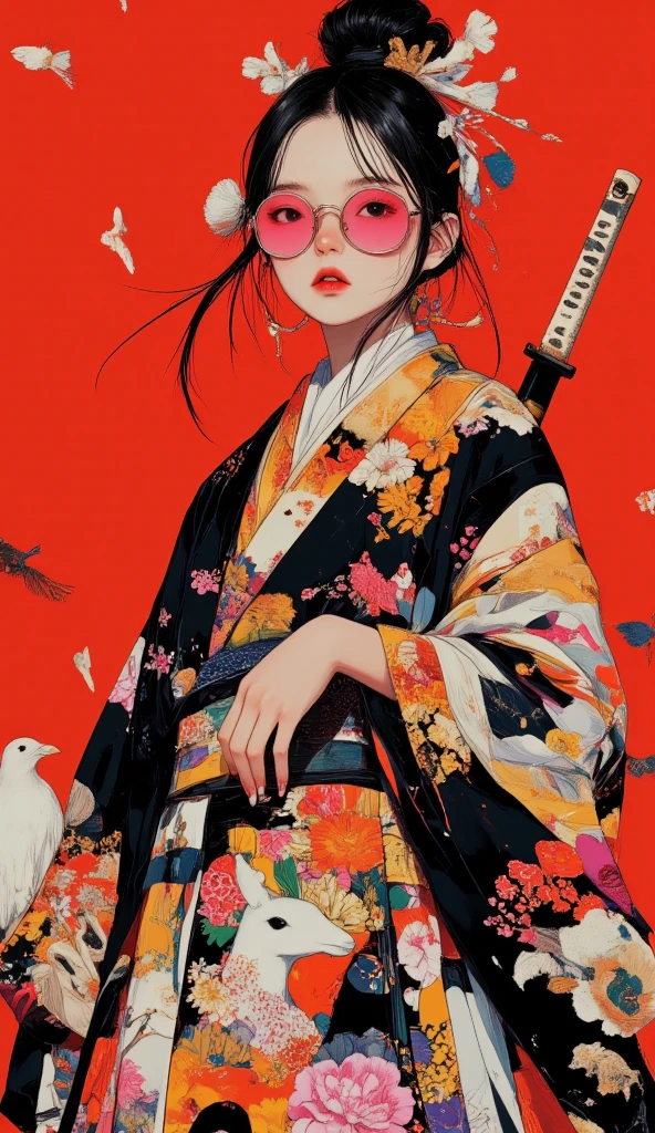 (role conception), (Half-length close-up), (Beautiful Chinese girl barefoot waving her red high heels: 1.3), (Wearing big sunglasses and top bun hairstyle: 1.2), Harmonious combination of classic and modern, Dark blue and brown sweater, jeans, scarf, Matching jackets with fashionable clothing, Elegance, Girl fair and flawless smooth skin, high nose bridge, Head up posture, sad yet beautiful, slender figure, Exquisite facial features,
swirling fog illustration, ink painting, black hair, a ball head, Proud, Surrealism, contemporary art photography, action painting illustration, abstract expressionism, Pixar, depth of field, motion blur, backlight, radiation, decline, Head up angle, Sony FE General Manager, ultra high definition, masterpiece, accurate, textured skin, Super details, high detail, high quality, Award-winning, best quality, Level, 16k, Photographed from a bottom-up perspective,