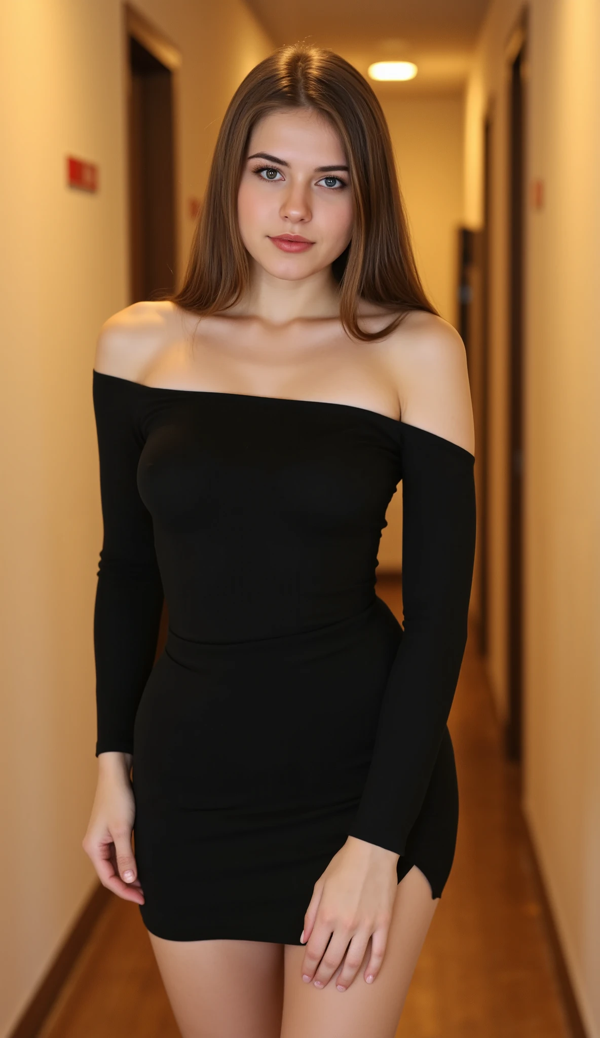 MODEL DESCRIPTION: A Ukrainian Woman with Medium Long Brown Hair. She is 162 cm tall, weighing 54 kg. This model has fair skin, fit physique, and flat chest.
Outfit: Black long-sleeve off-shoulder top and black mini skirt
Pose: Standing tall in hallway
Background: Narrow corridor with warm light filtering in