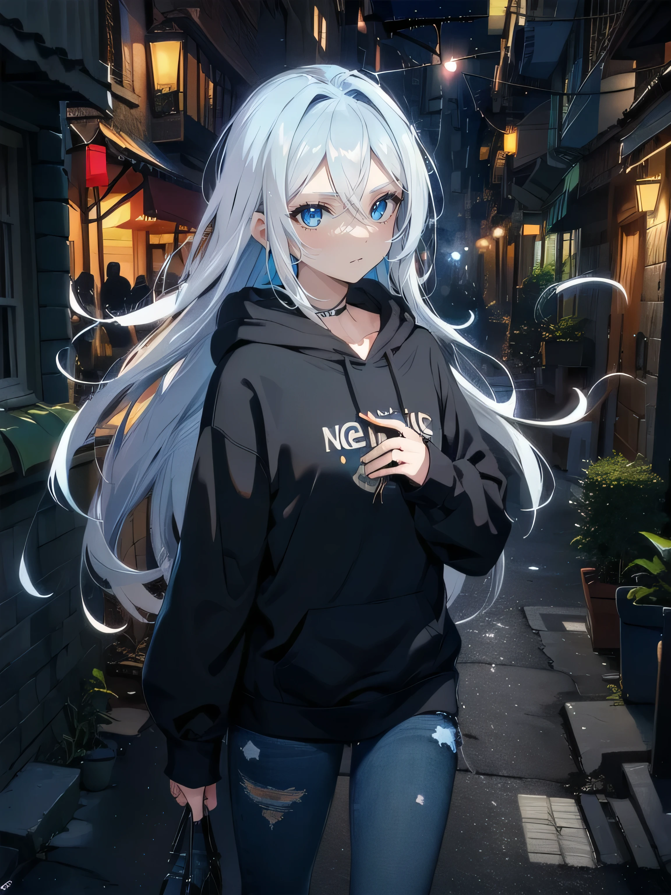 (masterpiece), (best quality), ultra detailed, finely detailed color, cenematic painting, ((holding dagger)), urban, ((night:2)), alley, slum, ((high angle)), bishoujo, ((one lady)), 20-year-old lady, cute face, white hair, absurdly long hair, straight hair, ((deep blue eyes:1.5)), ((black hoodie)), long jeans, walking, slender body, small chest, dark background