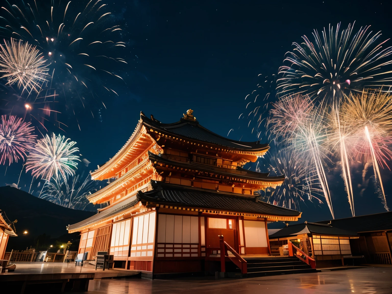 A traditional Japanese temple with a red wooden structure、The five-story pagoda is illuminated at night、A vibrant night view with colorful fireworks shooting in the sky。The temple is illuminated with soft lighting、has a fantastic and festive atmosphere。The neon colors of the fireworks are reflected on the roof。Clear night sky with slight clouds。Ultra high definition long exposure style taken at a wide angle。Make the colors of fireworks more vivid