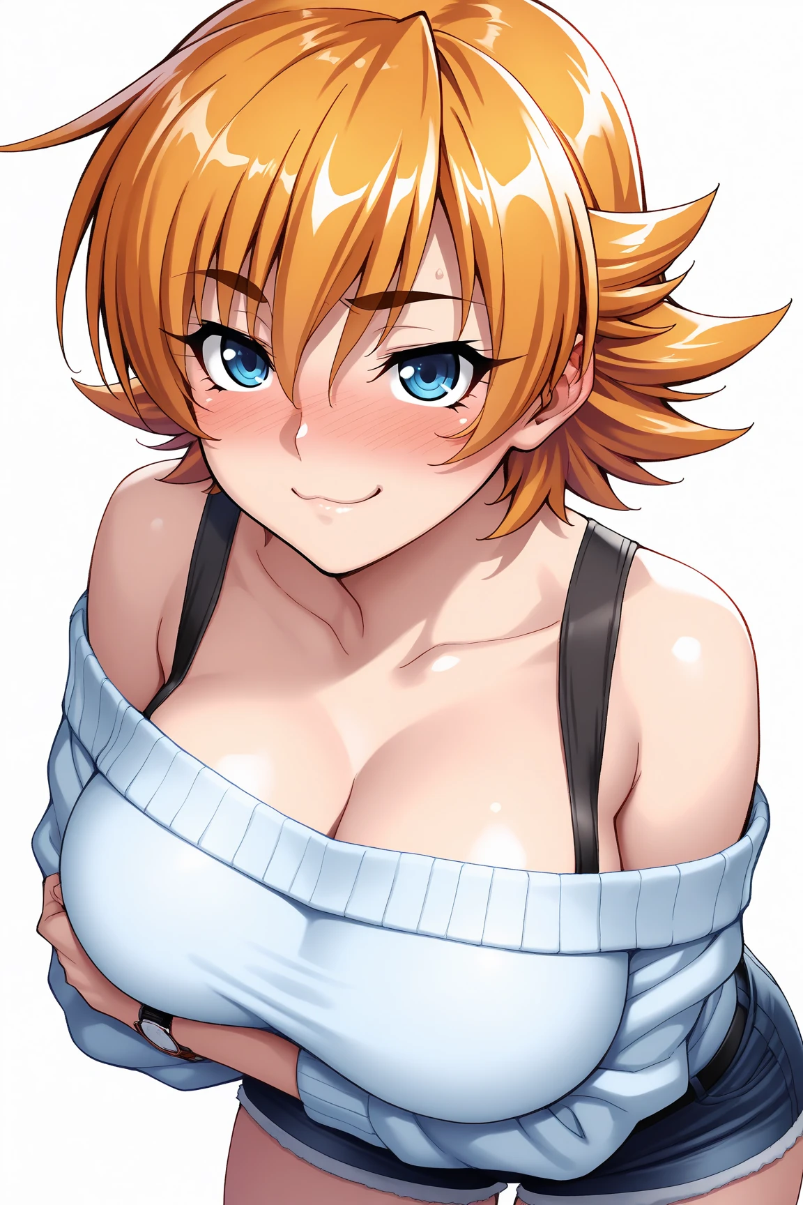 1girl, solo, Flipped-Out hair, orange hair, yellow eyes, short hair, looking at viewers, black t shirt v neck, best quality, highly quality, big fore head, smiling, Masterpiece, beautiful art, professional artist, 8k, very detailed face, very detailed hair, jeans, cleavage, cute smile, upper body, cowboy shot, medium breast, frekles, Anime style, simple backgrownd, smil, stiped shirt
