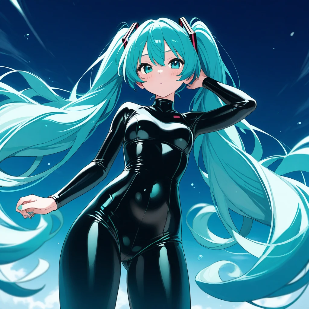 1girl,solo,cowboy shot,standing,(blue green hair:1.2),very long hair, twin tails,bangs,(red hair ornements),(blue green eyes:1.2),(beautiful fingers:1.4),(perfect ???????:1.4),(arms_behind_back:1.6),(latex luster shiny glossy:1.6),(shiny_clothes:1.6),medium breasts,beautiful breasts,masterpiece,best quality,(Ultra high definition eyes:1.2),8k,(Beautiful detailed eyes:1.2),(Fine and beautiful eyes:1.2),(pretty eyes:1.2),finely detail,extremely CG, absurdres,high resolution,illustration,Detailed and beautiful outlines,finely detail,high resolution,(colorful refraction:1.4,Increase saturation:1.2),beautiful lighting,dynamic lighting,closed room,black background,simple background, smile,looking at viewer,mikudef, white shirt,green tie,black sleeves,black skirt,(black thigh boots:1.4)