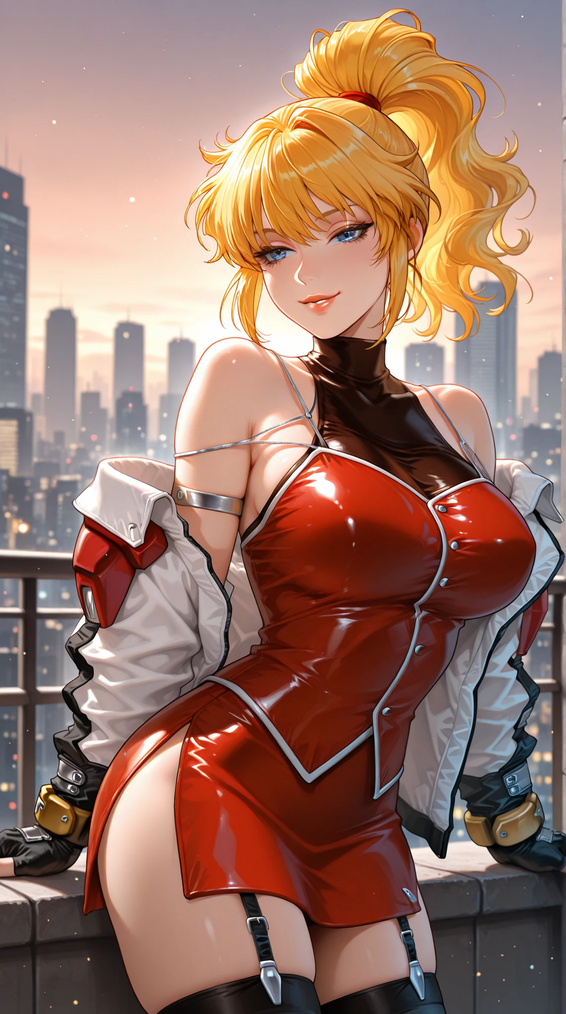 masterpiece, best quality, shadows, dynamic angle, front view, perfect hands, perfect legs, perfect anatomy, pretty face, mature features, 1 girl, 21 years old, mature woman, sexy red dress, city night background, white long hair, thighs, ass, breast, seductive, spicy, posing, cinematography lights,
