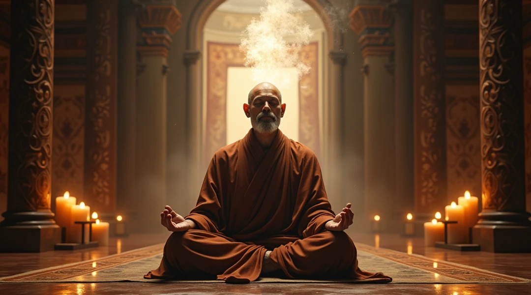 Buddhist monk meditating in front of a Buddha 8k