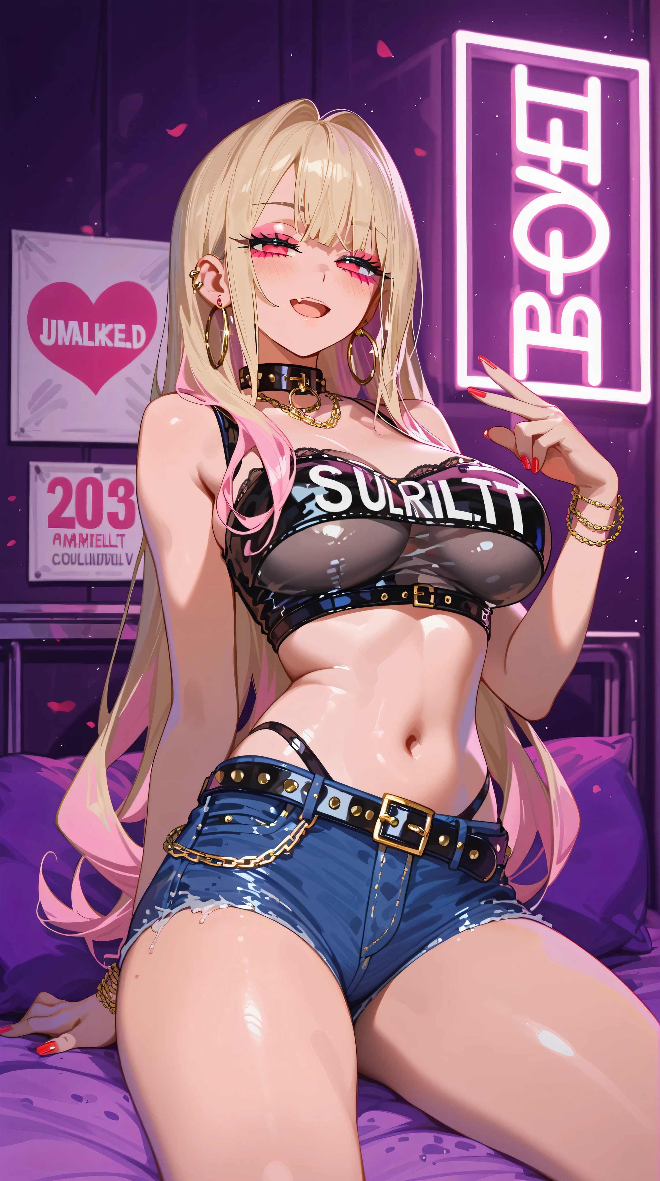 A mesmerizingly provocative tanned gyaru girl with cascading, tousled platinum blonde hair shimmering under neon lights, wearing a scandalously sheer, sleeveless micro crop top of glistening, translucent black lace that clings tightly to her curves, barely covering her chest and leaving her toned midriff and underbust fully exposed, paired with ultra-low-rise, skin-tight denim hot pants so short they reveal nearly her entire hips and upper thighs, frayed edges and a studded gold chain belt dangling provocatively, lounging on a sleek, mirrored platform in a steamy, neon-lit private lounge, her body arched seductively with one hand trailing down her thigh and the other tugging playfully at her top, her sultry gaze piercing through heavy, smoky eyeliner, glossy scarlet lips parted slightly, adorned with oversized gold hoop earrings and a rhinestone-encrusted choker, anime style, hyper-detailed, vivid neon pinks and purples, dripping with sensual and intoxicating allure.half-closed eyes, open mouth, looking up, wavy mouth, empty eyes, blush,