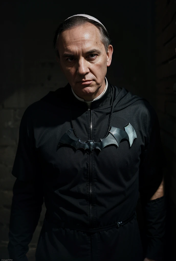 jeorge clooney in black superhero uniform, and large brown utility belt.