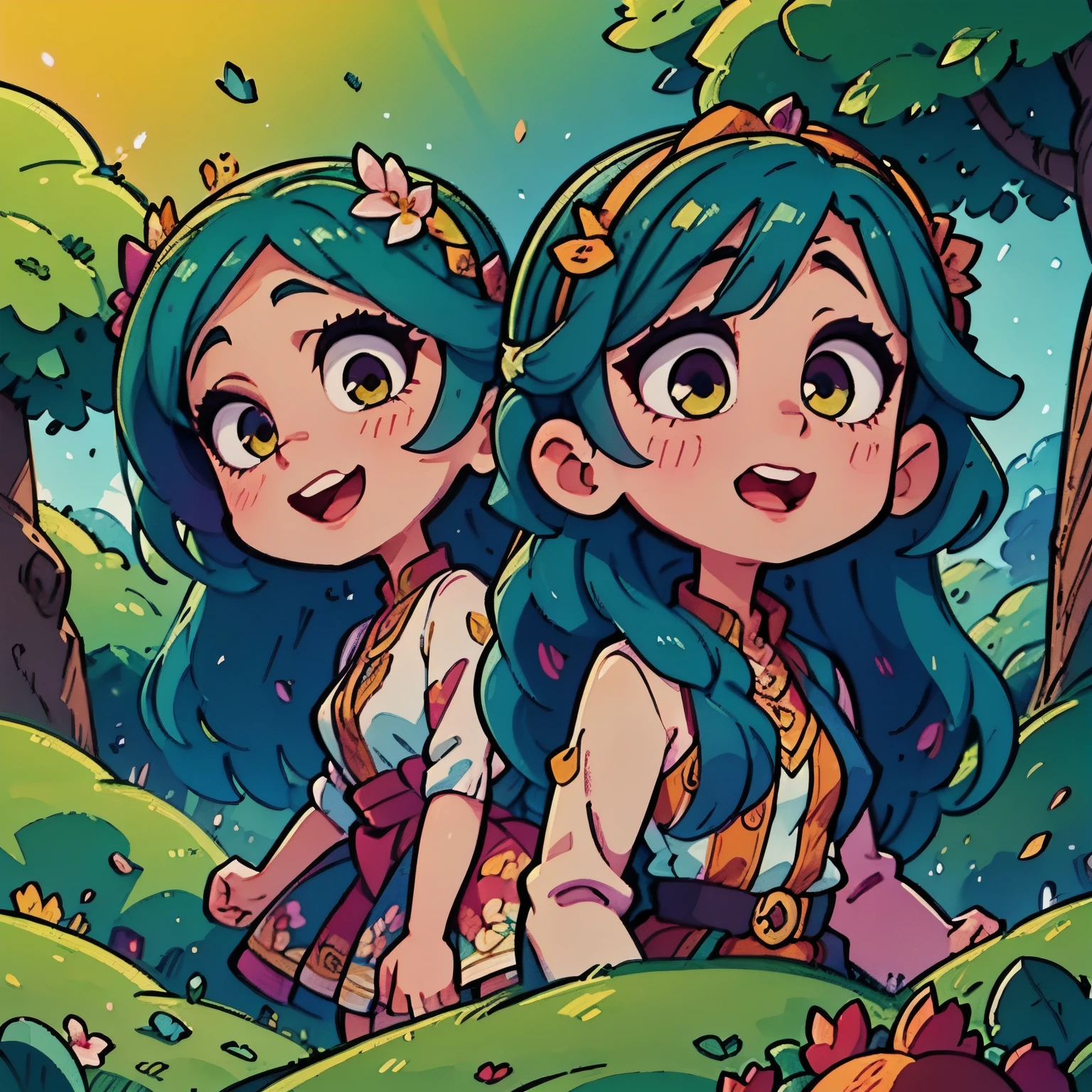 a vibrant, whimsical digital drawing of a young woman with long hair, detailed facial features, playful expression, flowing hair, intricate hairstyle, colorful floral crown, delicate skin, elegant posture, ethereal atmosphere, fantasy landscape background, magical environment, glowing lights, shimmering particles, vibrant colors, digital art, 8K, highly detailed, masterpiece, photorealistic