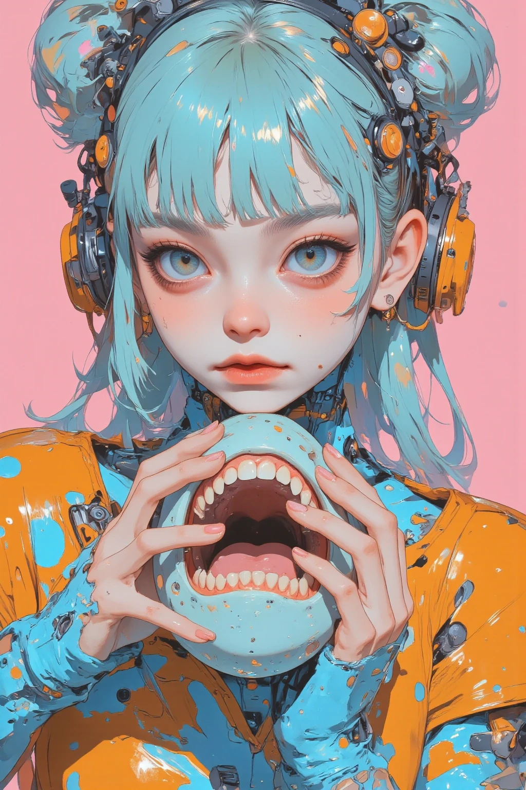 girl with turquoise hair and big sparkling blue eyes,playful expression,Her hairstyle is long, flowing hair and styling part of it into a high ponytail loosely bundled to add a dynamic touch,futuristic costume in bright pastel blue and orange tones,Decorated with quirky patterns and mechanical details,The character holds a large dinosaur egg with both hands、that egg has a mouth and white teeth and smiles,,  Cheerful Characters ,The girl has an active and whimsical personality,Watch Viewers,emphasizes it,energetic presence,The overall atmosphere is lively and fun,Highlight your cuteness,images of future explorers that highlight their cuteness, splash art anime, girl with turquoise hair,anime Moe art style, Cute Core, cute art style, vocaloid, Hatsune Miku,  cute anime , Official Artwork, cute girl,  inspired by Decora