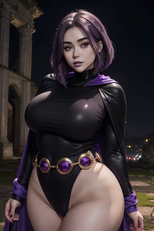 1girl, adult, dark skin, black hair, shining green eyes, purple crop top, cleavage, strapless, purple long gloves, blue pelvic curtain, blue cape, magic staff,scared expression, sweating,in monster dungeon