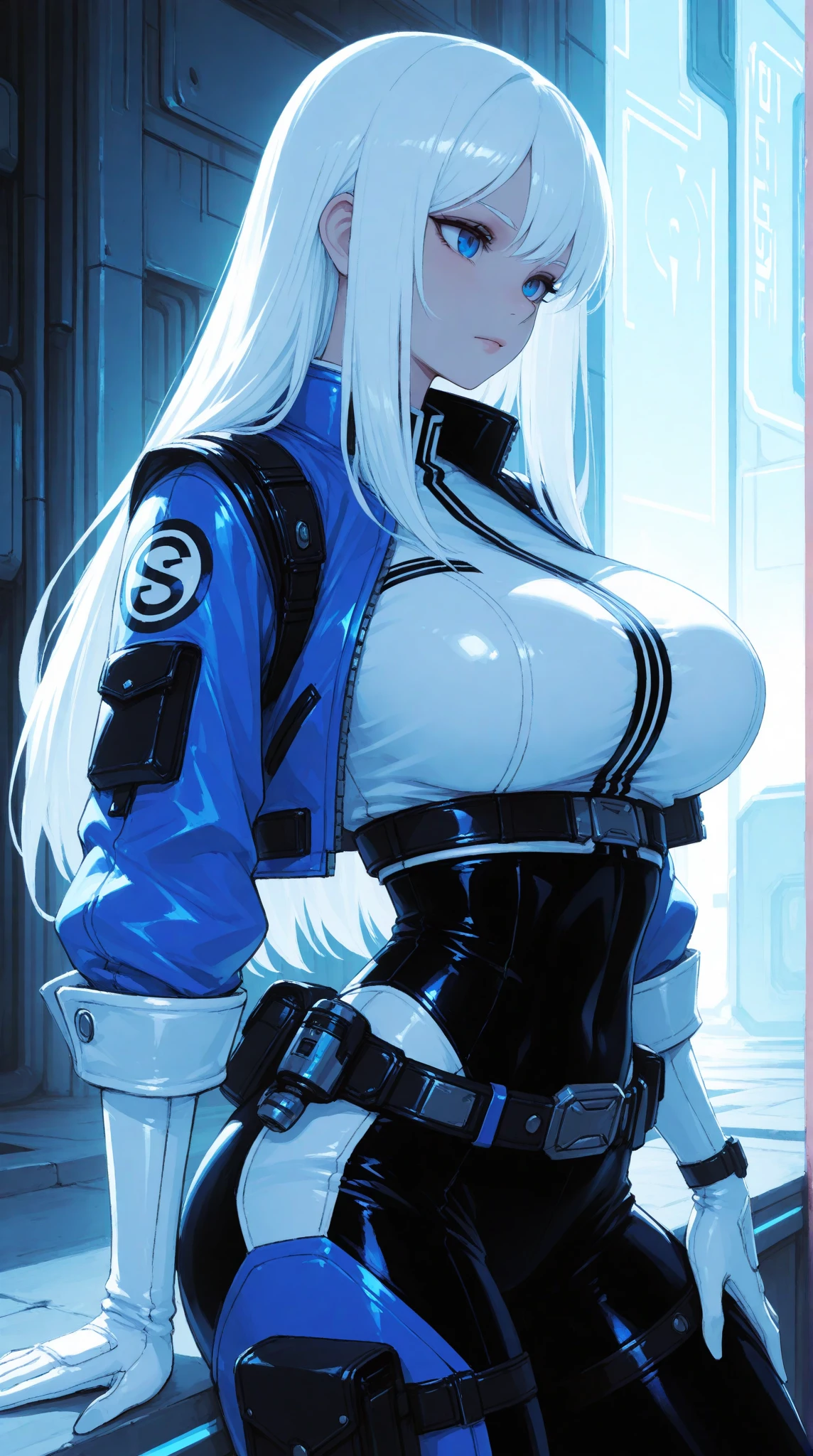 masterpiece, highest quality, best quality, official art, beautiful and aesthetic: 1.2), (1girl), extremely detailed, (fractal art: 1.3), colorful, highest detailed, perfect face, upper body, HDR, (prayer: 1.3), (dynamic stripes, luminous traces: 1.2), bright colors, hellsing, seras, standing, breast focus, breasts, large breasts, bare breasts, naked, nude, boob window, sexy, wide hips, thicc figure, Detailed blue eyes, Detailed face, Detailed eyes, perfect face, perfect eyes, wearing blue jumpsuit, jumpsuit, blue jumpsuit, breast window, naked breasts, annoyed, frustrated